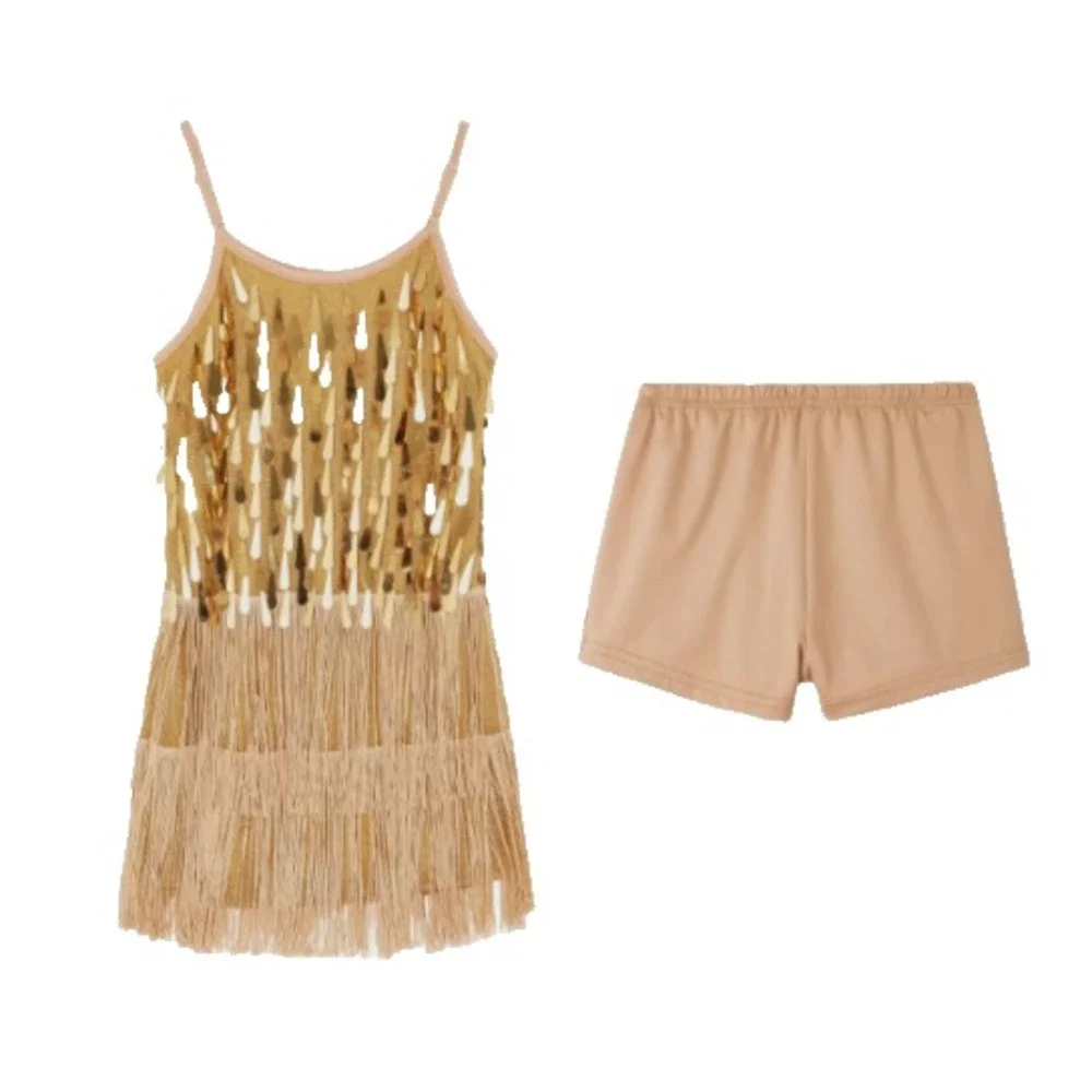 LOLANTA Girls Sequin Fringe Dress Gold Tassel Latin Dance 2Pcs Size 7-8